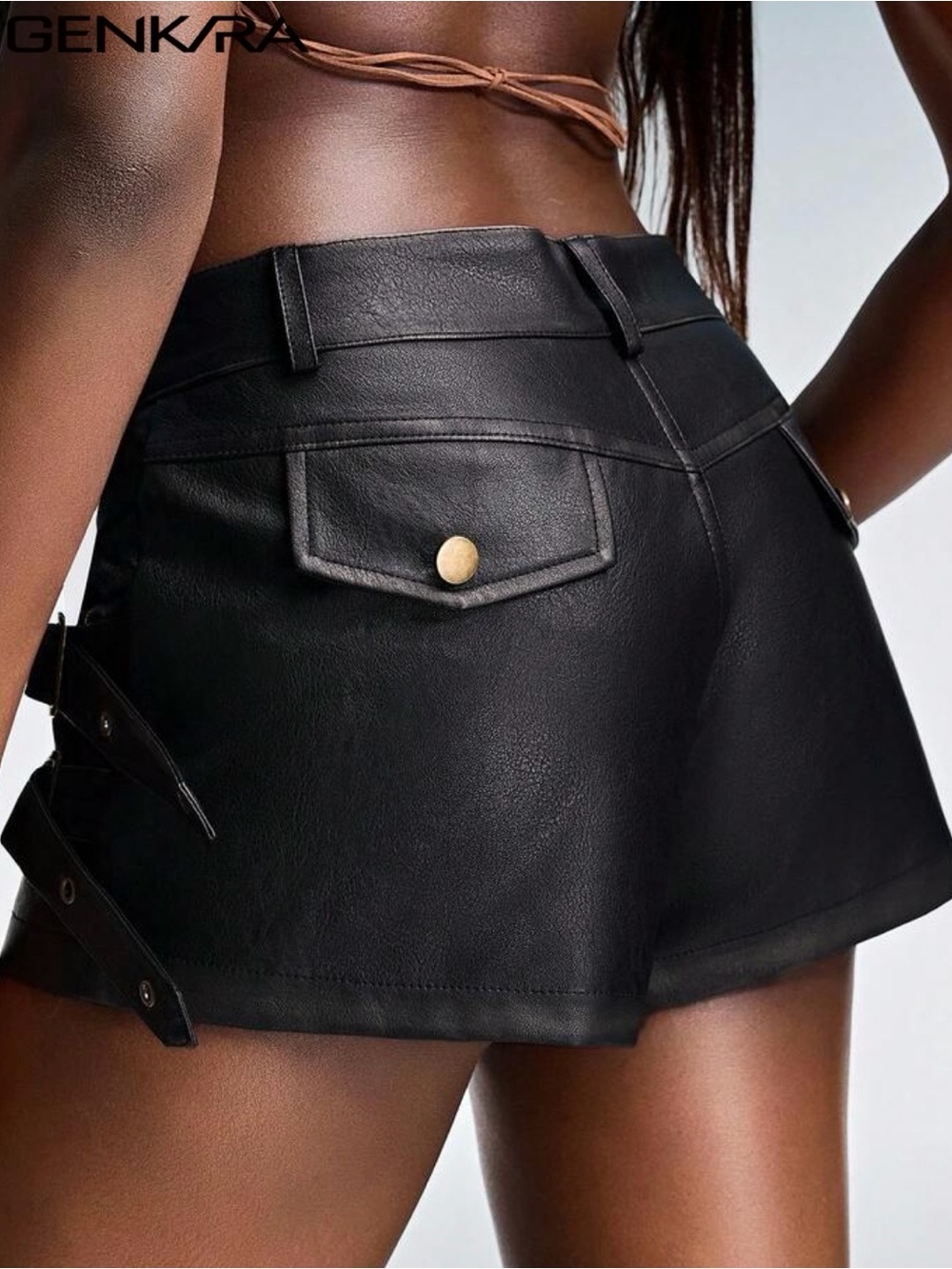 Black Faux Leather Buckle Mini Shorts - Picture 2 of 3